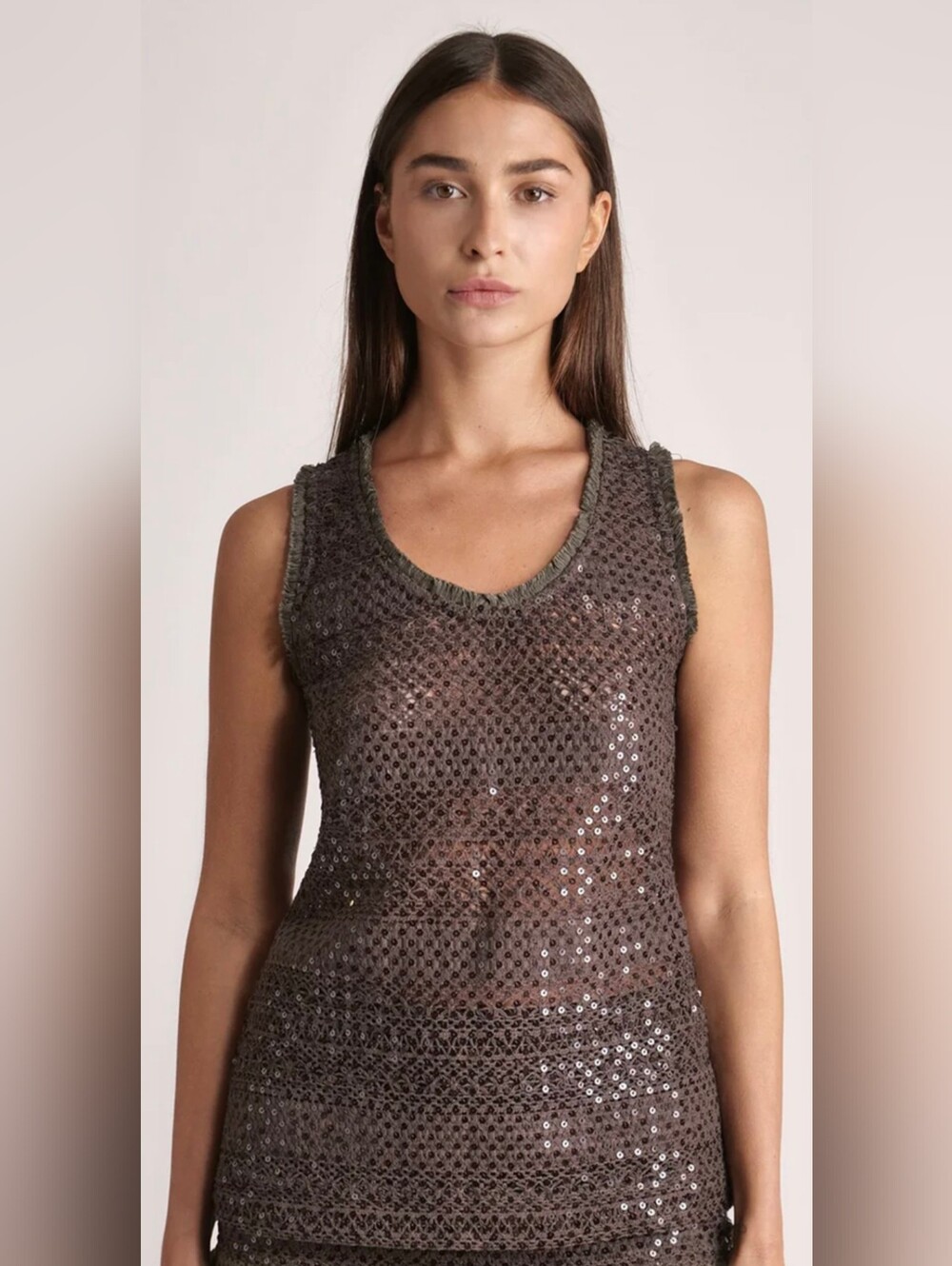 $55 Sabina Musayev LG Hiro Sequined Crochet Tank Top Dark Brown EUC *RARE FIND*